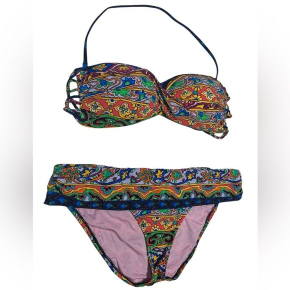 Nanette Lepore Strapless Bikini Boho Multicolor Paisley Print Halter Swimsuit - Picture 1 of 11